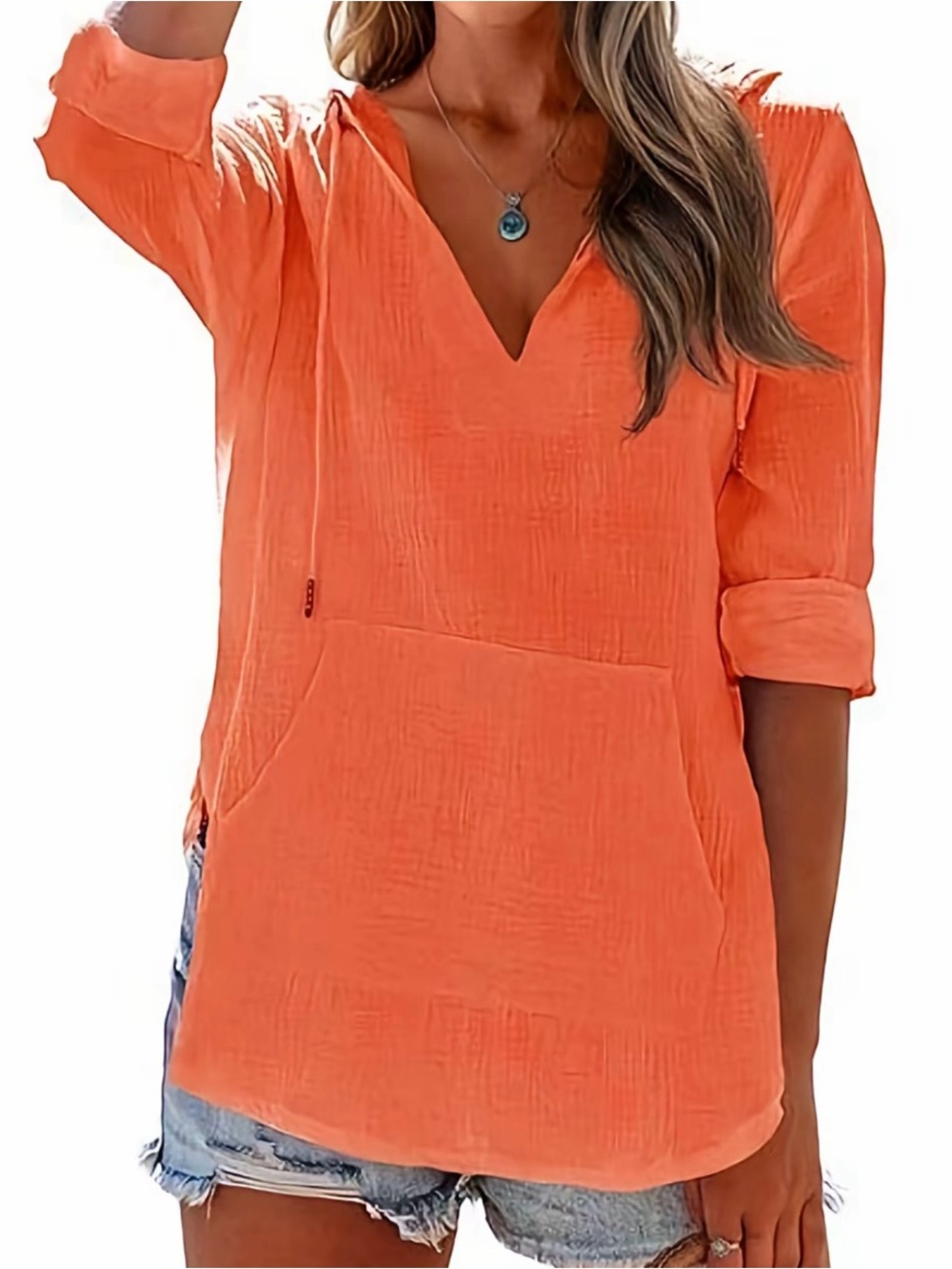 Imily Bela Women's Long Sleeve Beach Tunic Shirt Top V-Neck Tie Pocket Small